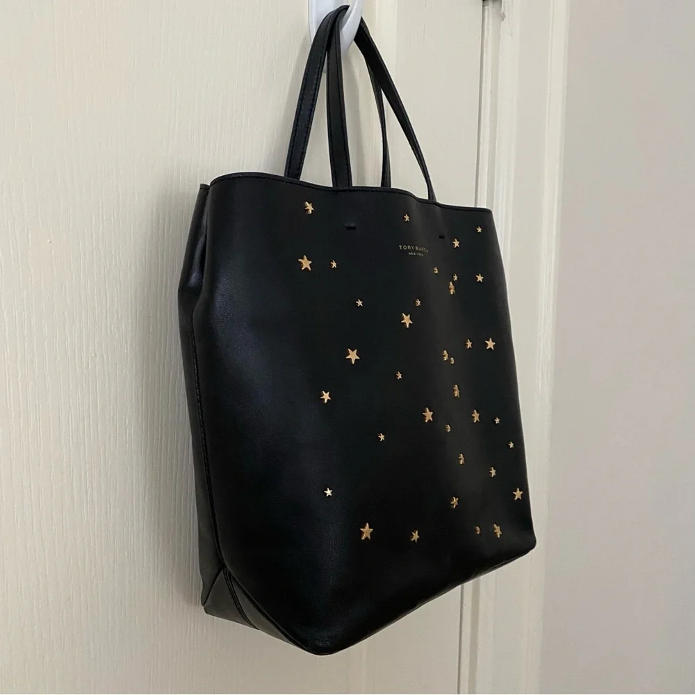 $398 Tory Burch Fleming Black Lambskin Leather Gold Star Studs Satchel Tote Bag - Picture 4 of 14